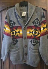 Ethnica Western Aztec Sweater Cardigan Medium Button Up Grey Yellow Wool Blend