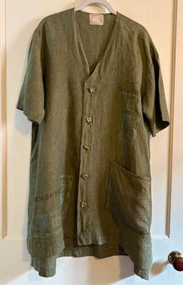 vintage blue fish ~ cardigan jacket ~ 100% linen ~ olive ~ hand printed ~ 0