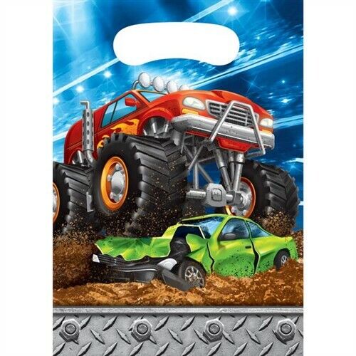 Monster Truck Rally Loot Bags Favor Bag 8 Pack Plastic Boy Kids Birthday Favors - Picture 1 of 2