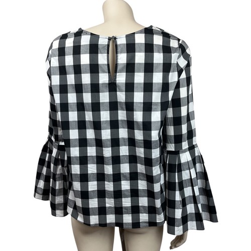 Womens Sunday in Brooklyn Large B&W Checkered Blouse Pull On Bell Sleeve Keyhole - Picture 4 of 5