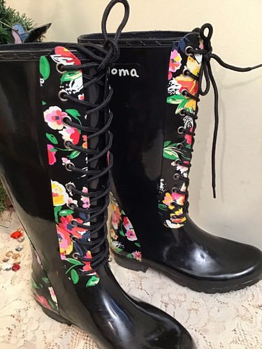 Roma Sadie Robinson Black Floral Lace Up Rain Boot size 8- Tall - Picture 8 of 9