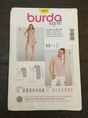 Burda 7219 Blouse Sleeveless Dress Tie Belt Size 10-22 Uncut