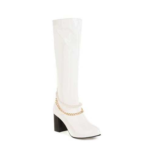 Ladies Sexy Zip Knee High Boots Block Heels Pumps Chain Party Shoes Plus Size 38 - Picture 4 of 17