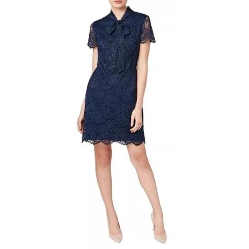 VETEMENTS Abito donna BETSEY JOHNSON 10 blu navy pizzo cravatta fiocco tubino foderato preppy