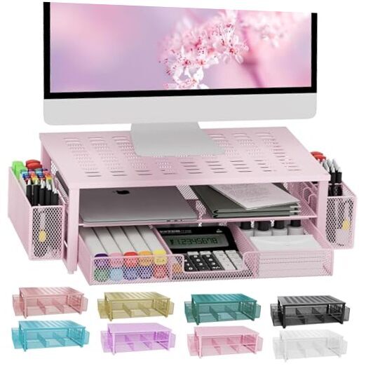 Monitor Stand with Drawer and Pen Holder, Desk Organizers and Pink-image