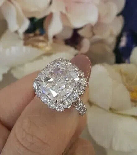 Anello di fidanzamento Diamante Alone Diamante 3CT Taglio Cuscino Lab Placcato Oro Bianco 14k - Foto 1 di 2
