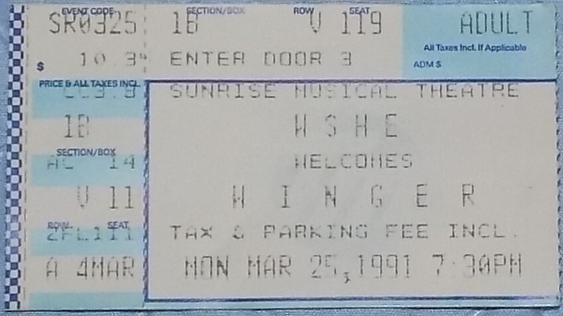 VINTAGE WINGER CONCERT TICKET STUB - MARCH 25, 1991 @ SUNRISE MUSICAL THEATER