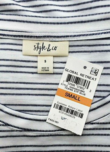 Style & Co Shirt White Ticking Stripe Short Sleeve Ruched Top NWT Womens Small - Picture 7 of 8
