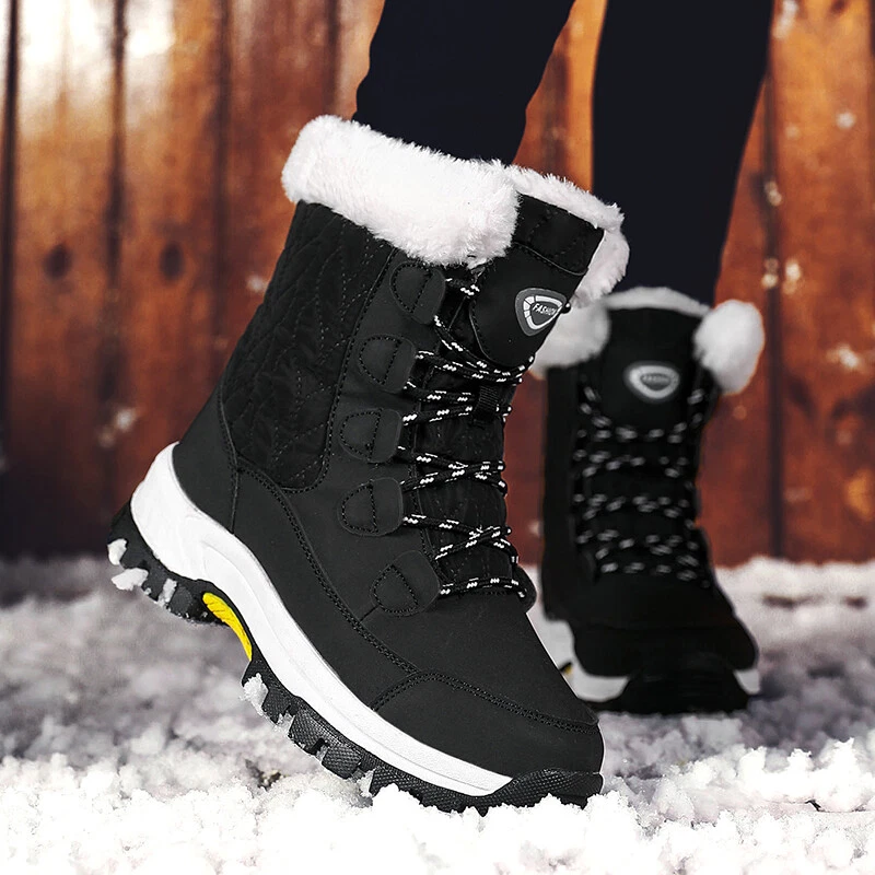 Women Winter Warm Snow Boots Fur Lined Lace Up Ankle Boots Waterproof Shoes  Plus