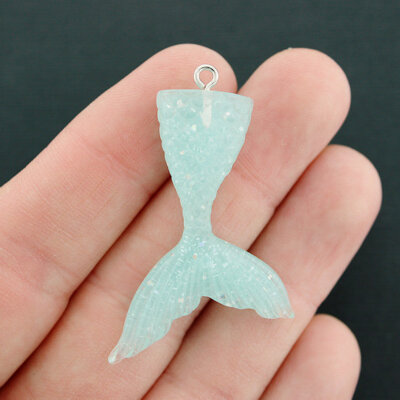 2 Mermaid Tail Charms Glitter Resin Silver Loop 2 Sided 3D Mint Green - K276