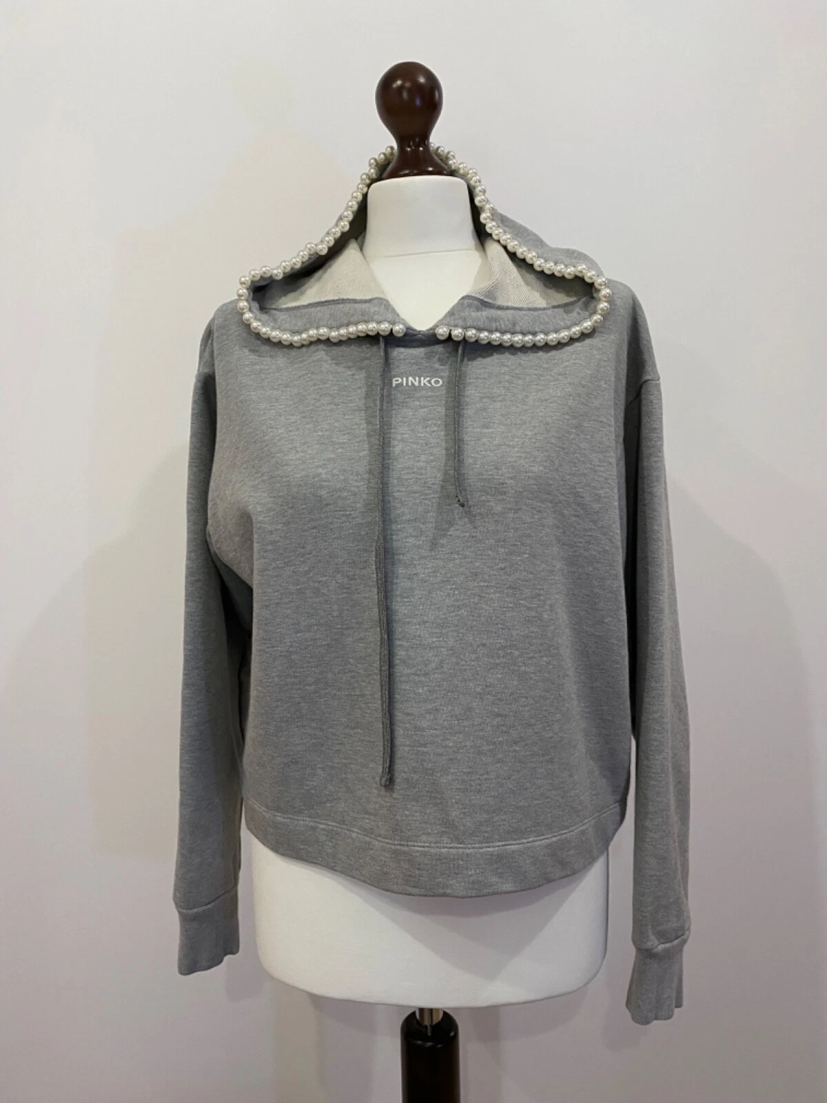 PINKO Grey Melange Hoodie Pearl Applique Cropped Model Size S Authentic