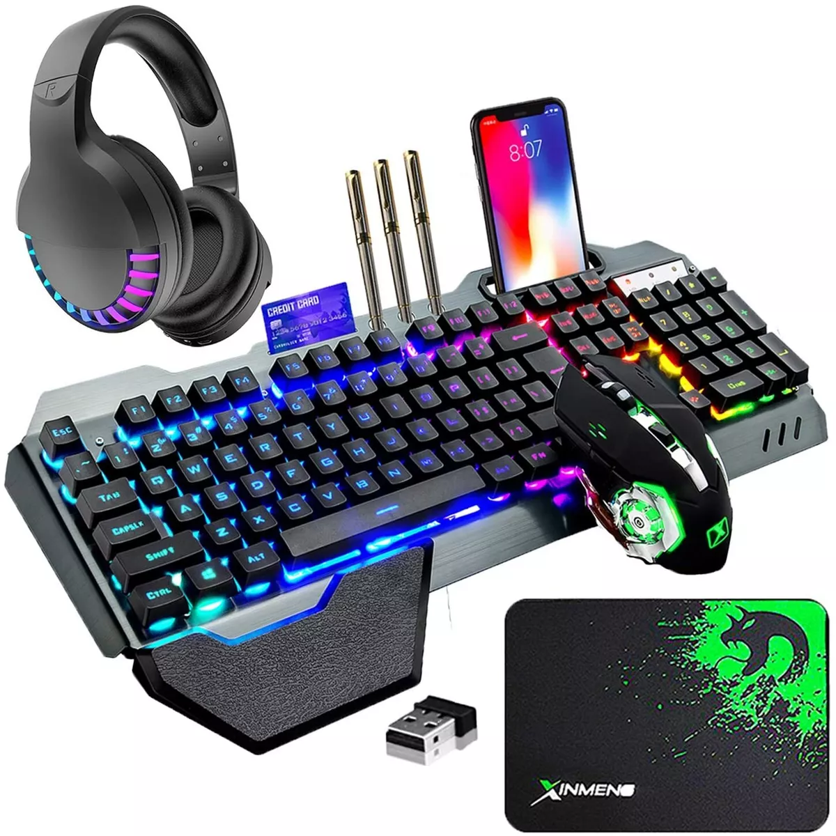 Wireless Gaming Keyboard Mouse and Bluetooth Headset and Mat Combo