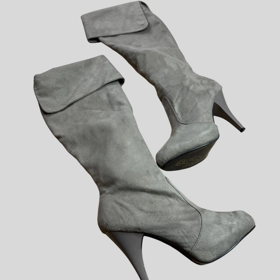 Anne Michelle серо-коричневые замшевые сапоги на высоком каблуке выше колена со складными манжетами - Изображение 2 из 4