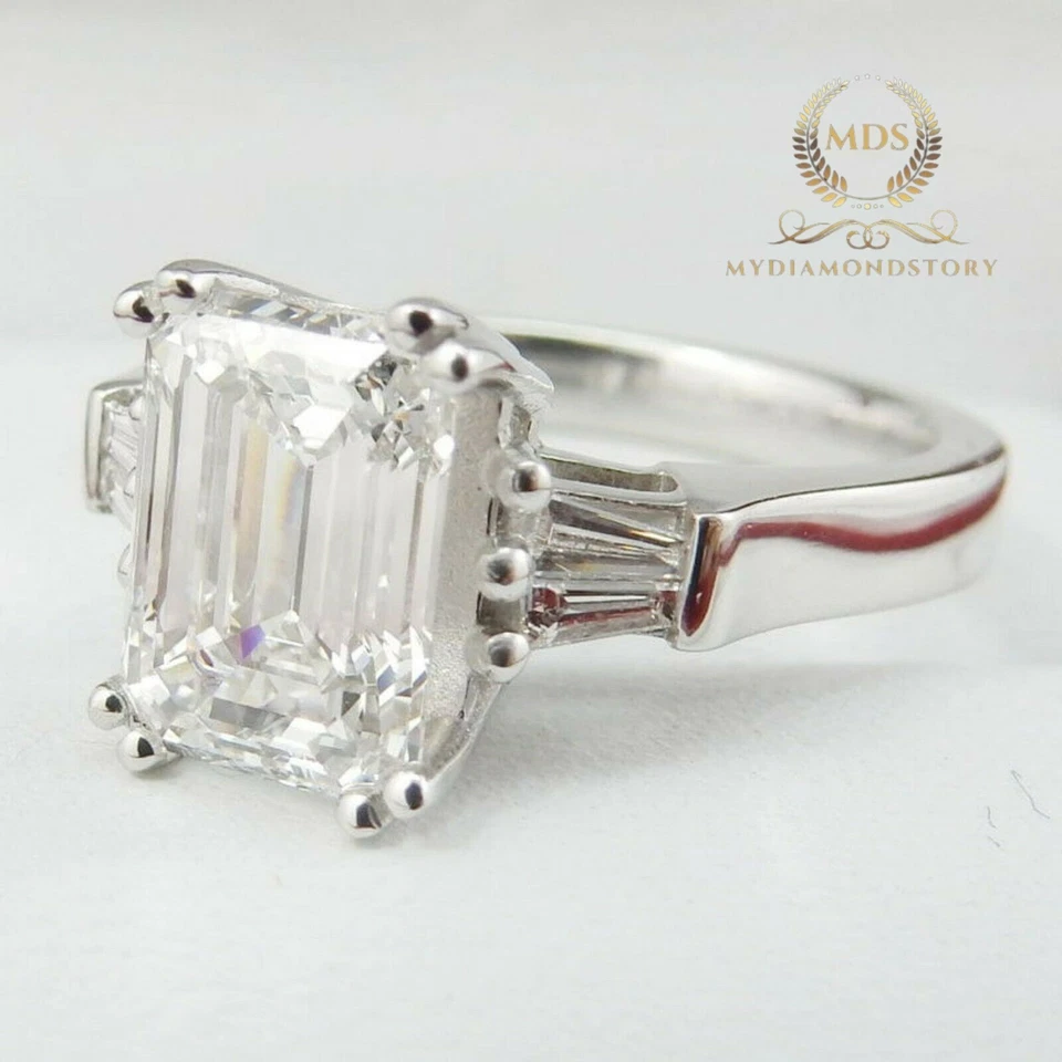 Moissanite Three Stone Engagement Ring Solid 14K White Gold 3 Carat Emerald Cut - Image 3 of 4