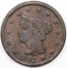 1843 1c N-4 Peite Head Large Letters Braided Hair Large Cent