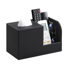 PU Leather Tissue Box Cover with Remote Control Holder, Square Tissue Box Black