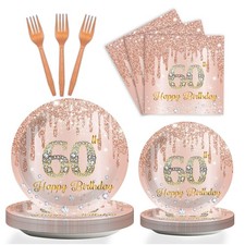 96 Pieces 60th Birthday Party Tableware Set Pink Rose Gold 24 Guests Paper