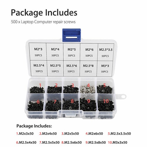 500Pcs M2 M2.5 M3 10 Sizes Laptop Computer Notebook Repair Steel Screws Kit - Photo 6/10