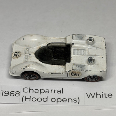 Hot Wheels Chaparral 2G #66 White Diecast Car w/ Opening Hood Feature