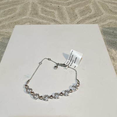 Silver Tone Adjustable Tennis Chain Bracelet Heart Clear Crystal Lobster Clasp