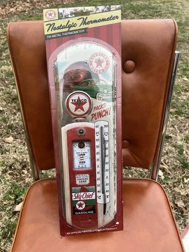 Vintage Texaco Thermometer  Style Texas Oil Sky Chief Aged Finish Tin Sign