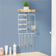 Hanging Jewelry Organizer with Wood Shelf 6-Tier Wall Mount Holder Earrings