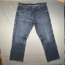 Wrangler Jeans Mens 38x32 Blue Mid Straight Ranch Whiskering Western Cowboy