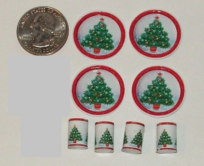 Dollhouse Miniature Christmas Tree Plates & Cups Dishes 1:12 One Inch Scale D185