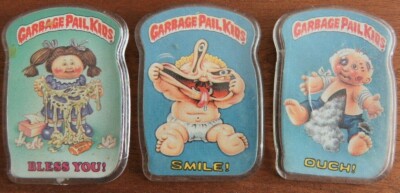Vintage Topps Garbage Pail Kids Badges Pins 1986 x 3 Ouch Smile Bless you