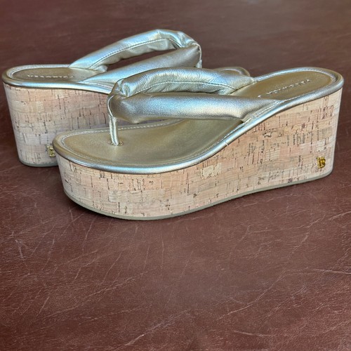 Veronica Beard Geno Cork Wedge Platform Sandal Size 6 Gold Metallic Leather - Picture 3 of 14