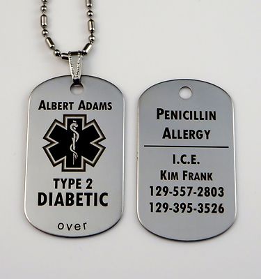 Stainless Steel Diabetes Diabetic Id Alert Tag Free DARK Custom