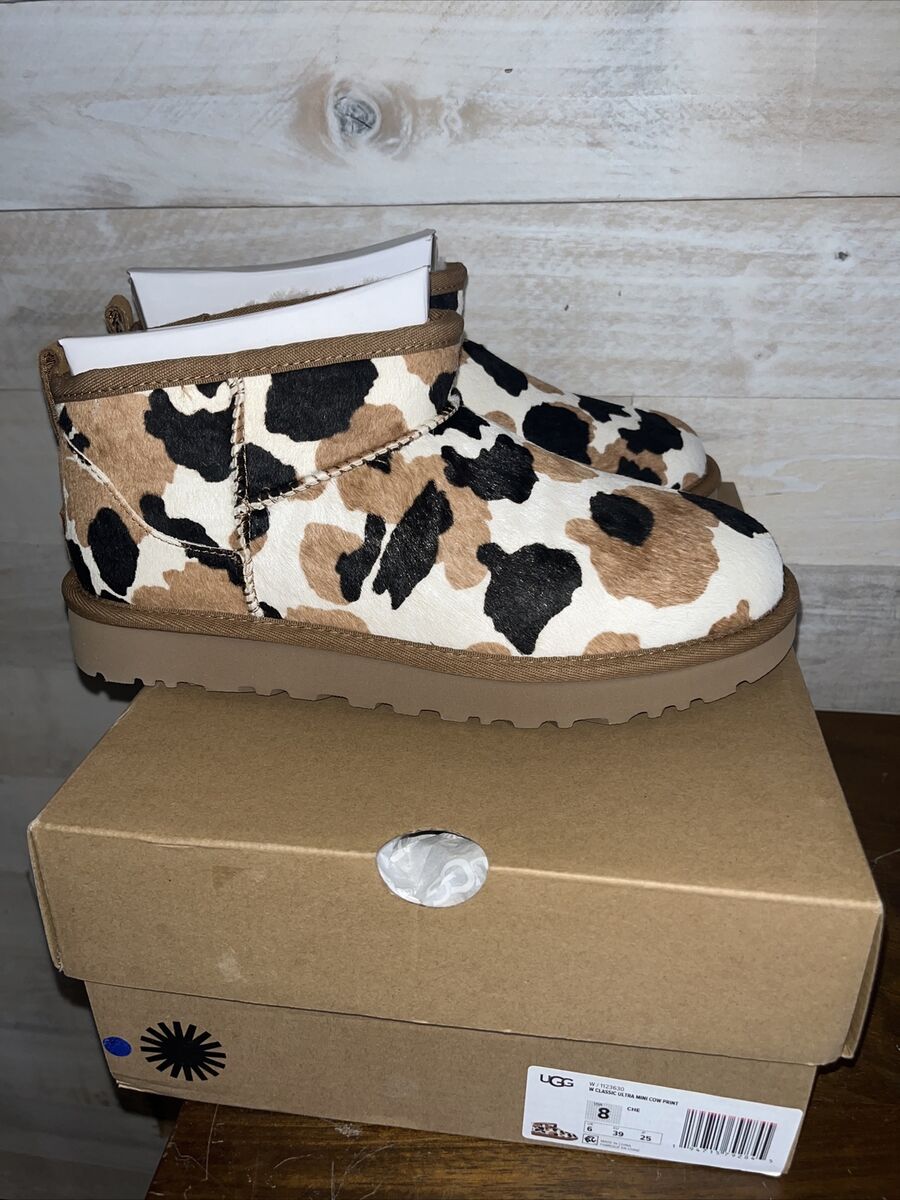 NIB UGG Classic Ultra Mini Cow Print Boot - Chestnut Black White - US size 6
