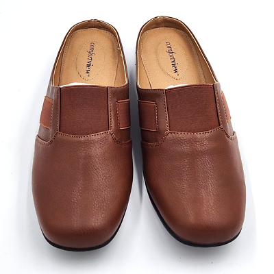Comfortview Womens Shoes 9M Brown Faux Leather Mules Slip Ons NEW
