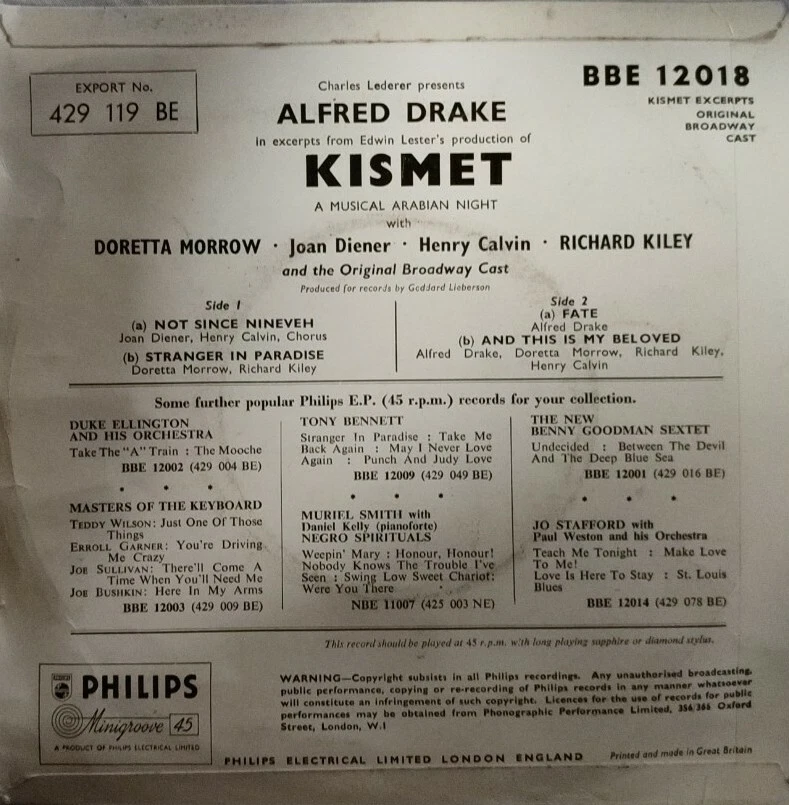 Alfred Drake In Excerpts From Kismet Vinyl EP 7" Single.1955 Philips BBE 12018. - Image 2 of 4