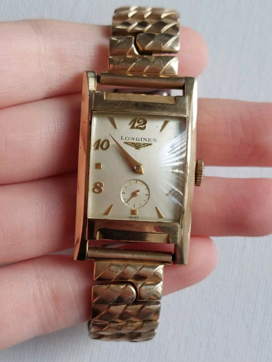 Vintage men's Longines Gold Filled Rectangle Bezel Watch Bracelet Band  Working