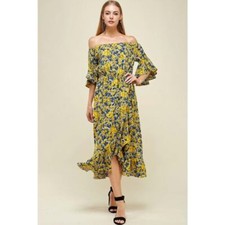 Off Shoulder Yellow Floral Printed Ruffle Dress in Medium