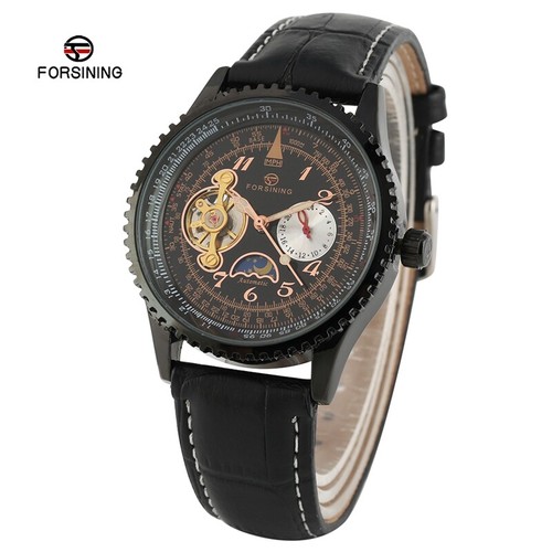 Orologio Meccanico Automatico Da Uomo FORSINING Lusso Cinturino in Pelle Orologi Fasi Lunari - Foto 5 di 15
