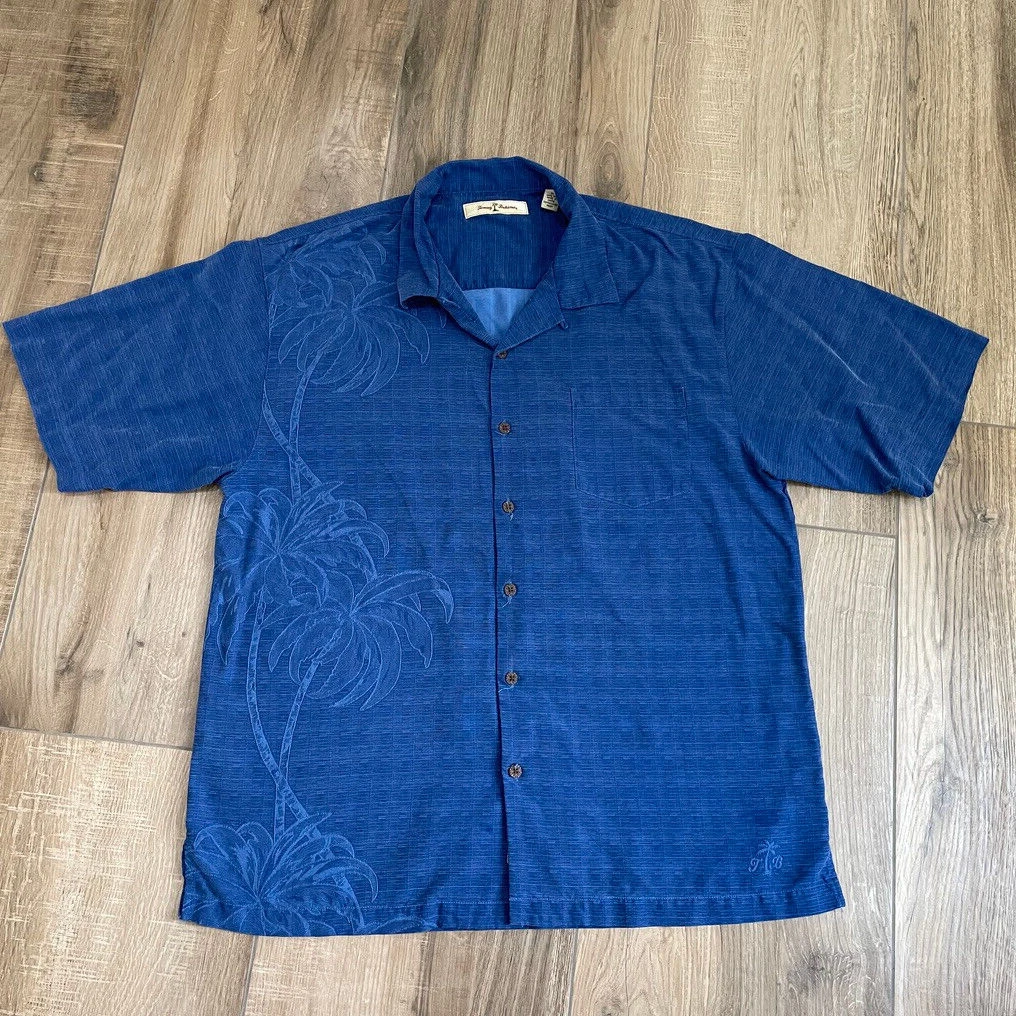 Tommy Bahama Shirt Mens XL Blue 100% Silk Camp Button Down Tropical Palm Tree