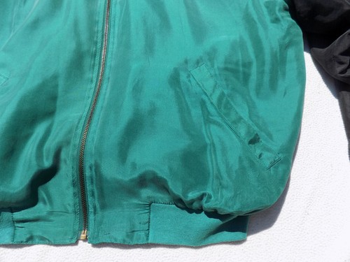 Vtg Retro Tulliano Silk Emerald Green Black Sleeves Bomber Jacket Sz M Retro EUC - 第 4/14 張圖片