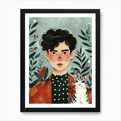 Asiatisches Mädchen mit Katze 1 Kunstdruck Fra gerahmt Wandbild Poster Leinwanddruck Bild