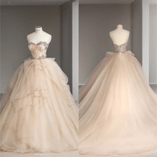 Elegant Champagne Sleeveless Wedding Dress Lace Applique Bridal Gown-