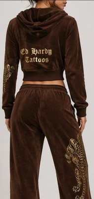 Ed Hardy Vintage Brown Velour Cropped Hoodie Tiger Graphic Y2K