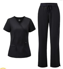 COZYFIT Women's Scrub Set Black Mock Wrap Top Straight Leg Pants Size S NWT