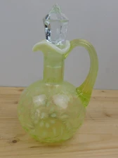 Vtg Fenton Vaseline Opalescent Daisy & Fern Uranium Glass Cruet w/ Stopper 6.5"