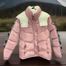 Reebok Ninety Five Women's XL Puffer Jacket Rose Pink Sherpa Hood Full Zip 1895