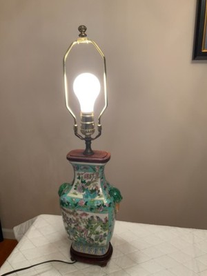 Chinoiserie Famille Oriental Table oval Lamp birds flowers Wood Base 24''