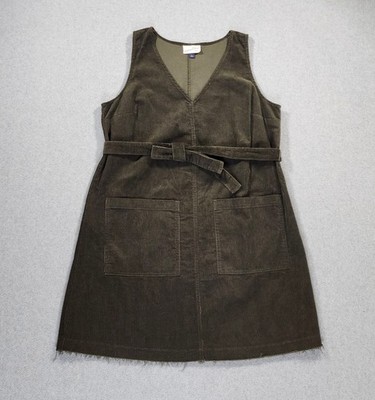 Universal Thread Corduroy V Neck Dress w/ Tie Waist Womens Size L Raw Hem Pocket
