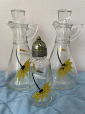 3 Oil & Vinegar CRUETS Hazel Atlas YELOW FLOWER Gold GLASS Vintage SALT SHAKER