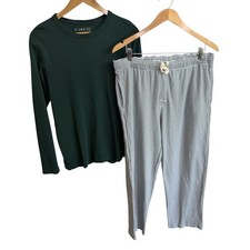 LAKE Pima Cotton Long Pajama Set Size Large Green White Stripe 2pc Sleepwear