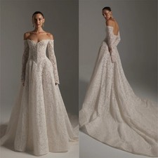 White Off the Shoulder Wedding Dresses Long Sleeves Zip Back Bridal Gowns A-Line